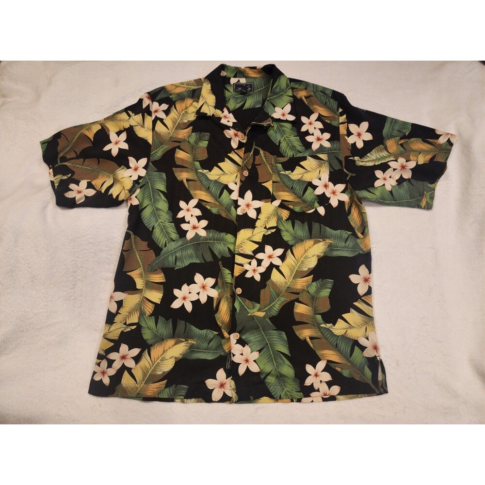 Bermuda Bay Hawaiian Aloha Flower Green Brown Silk Button Up Shirt Men's Size-M